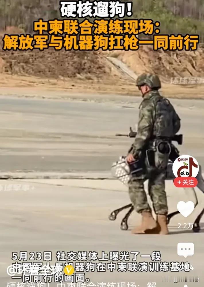 这是解放军不是美军，中国柬埔寨联合军事训练。画面是一名解放军和一只“火力犬”。
