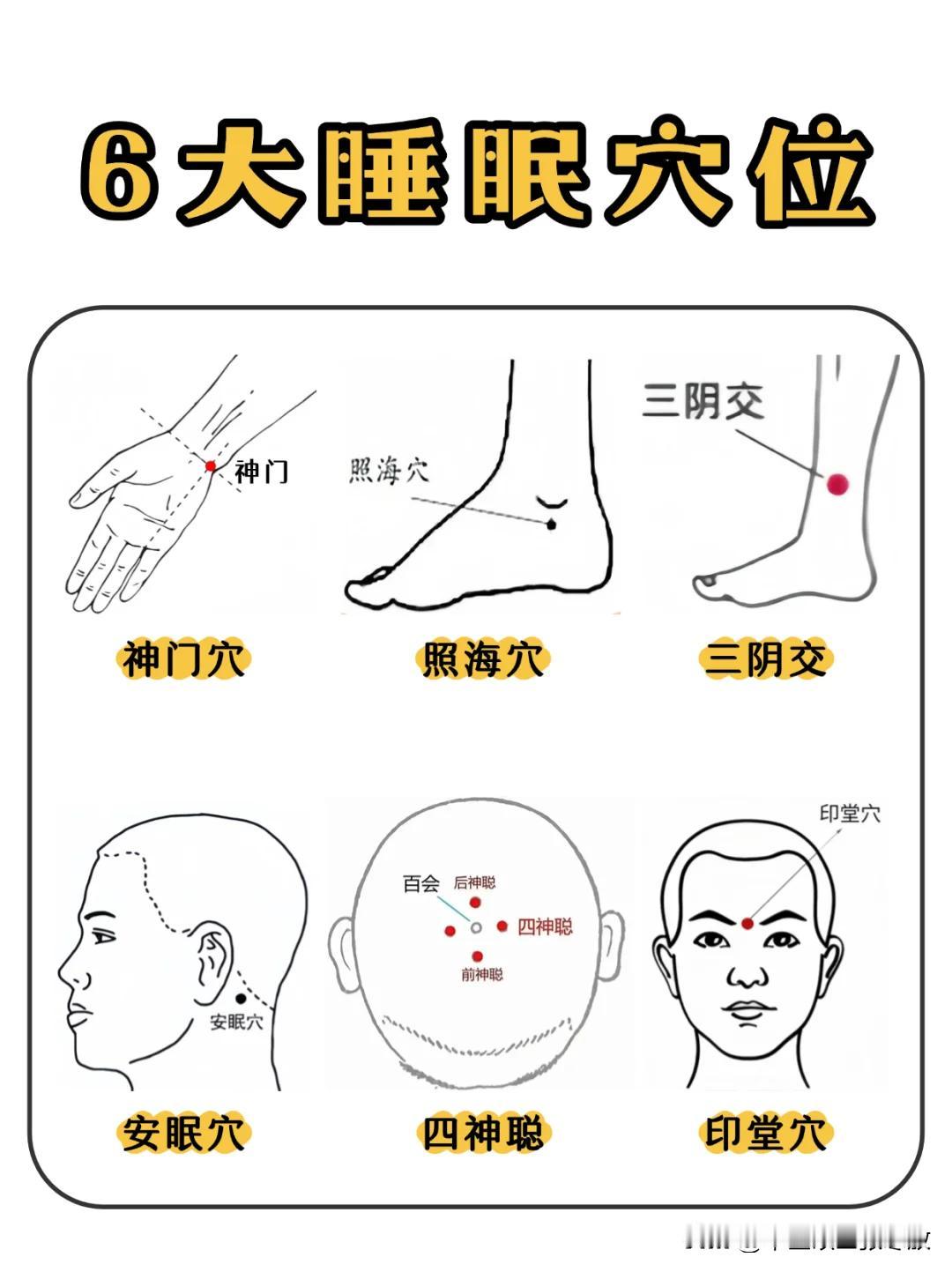 6大睡眠穴位✅你都知道吗❓

1、神门穴
2、照海穴
3、三阴交穴
4、安眠穴