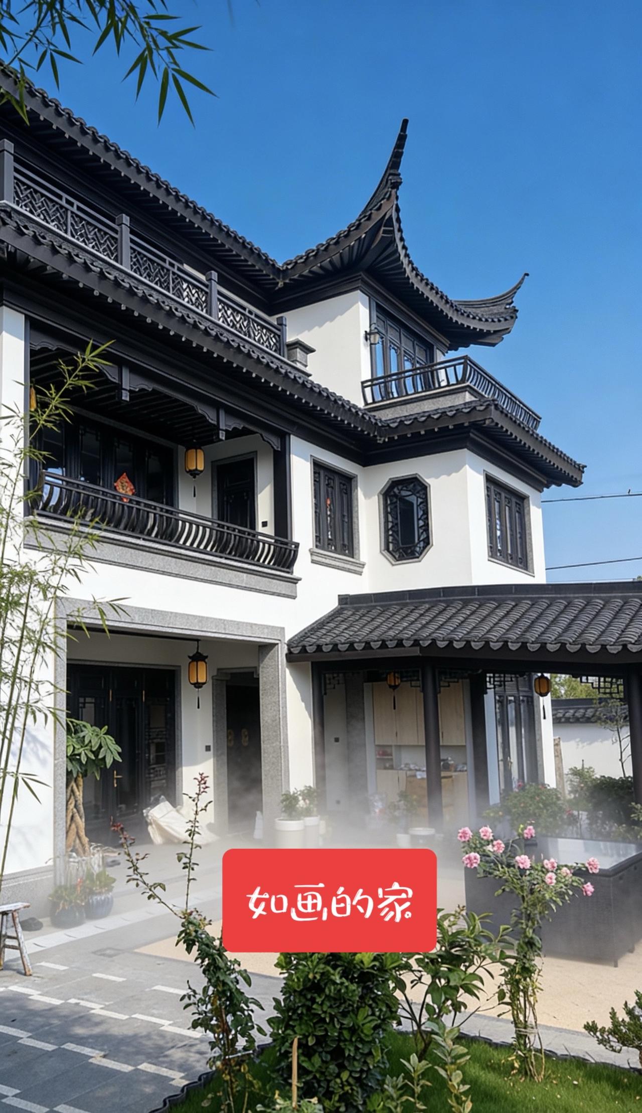 宅主在自己新建好的宅院里头散步、拍照，可以想象在画境里一般生活，真是如梦但又真实
