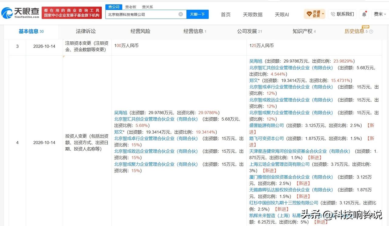 【蚂蚁集团旗下公司、红杉中国等入股物原科技】
天眼查App显示，近日，北京物原科
