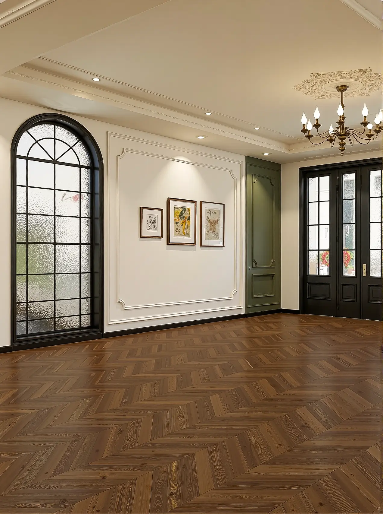 硬装结束的法式复古装修，当复古绿乳胶漆与哑光黑邂逅，雕花石膏线勾勒出复...