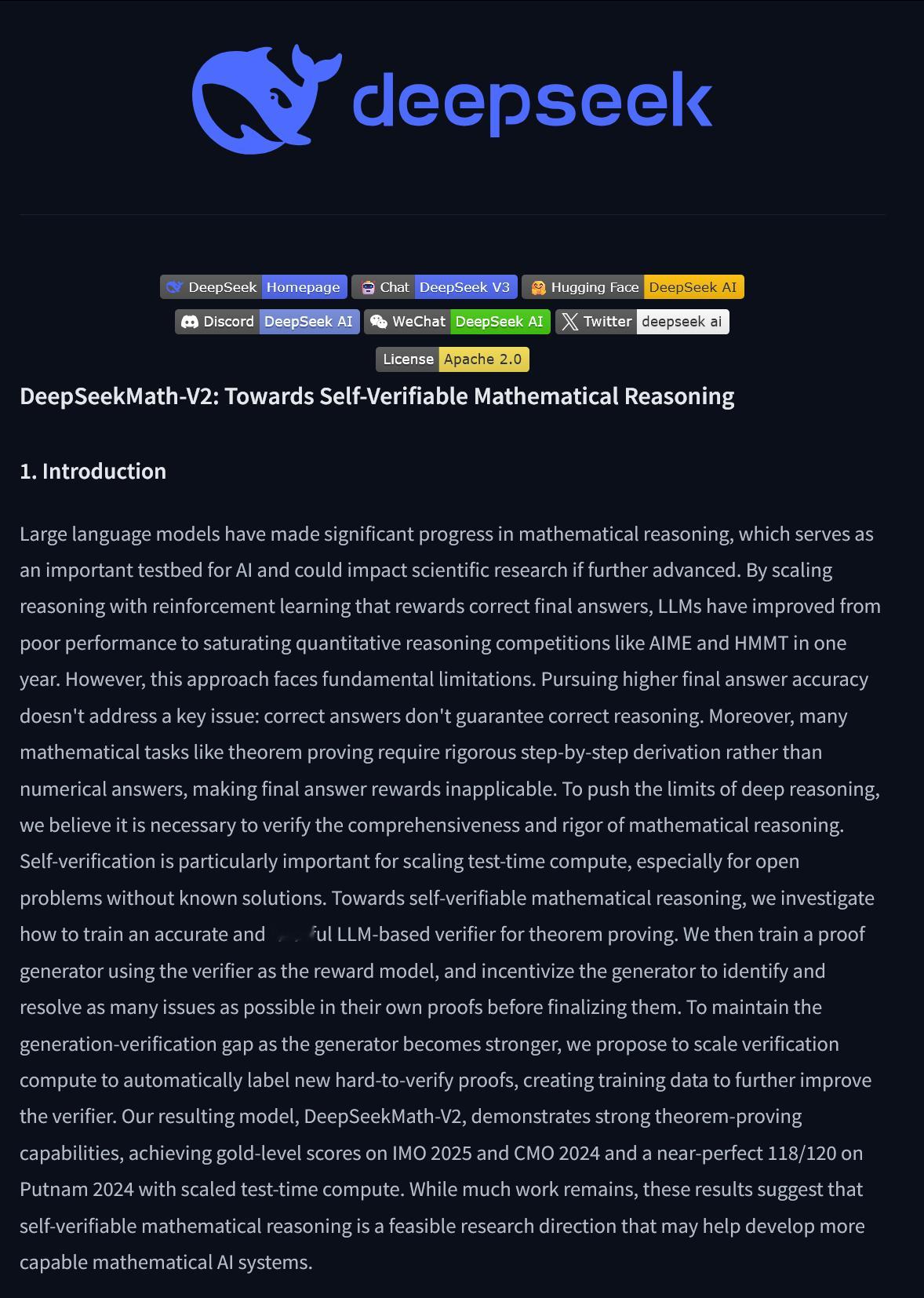 DeepSeek发布新模型DeepSeekMath-V2：迈向自我可验证的数学推