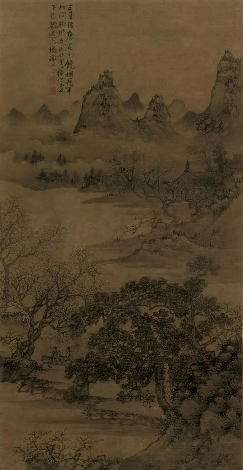 【明  谢时臣  苏堤联骠图】绢本 立轴 设色 280.3x59.5 厘米，天津