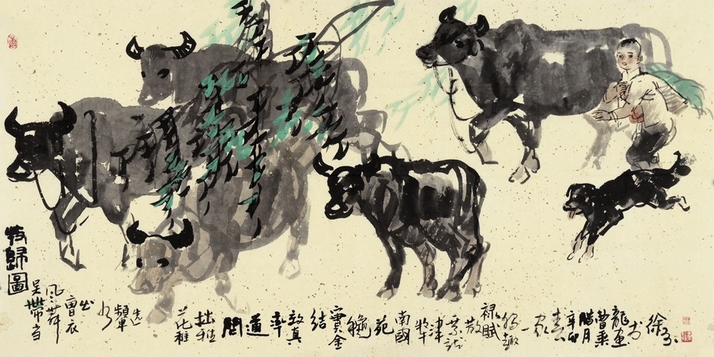 童真伴老牛，岁月悠然画中赤足牧童憨态可掬，手持柳条，与水牛、小狗共同构成了一幅温