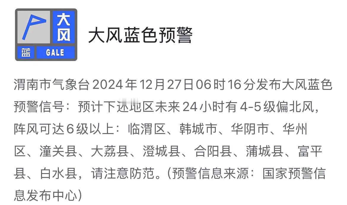 渭南市气象台发布大风蓝色预警信号，请注意防范。