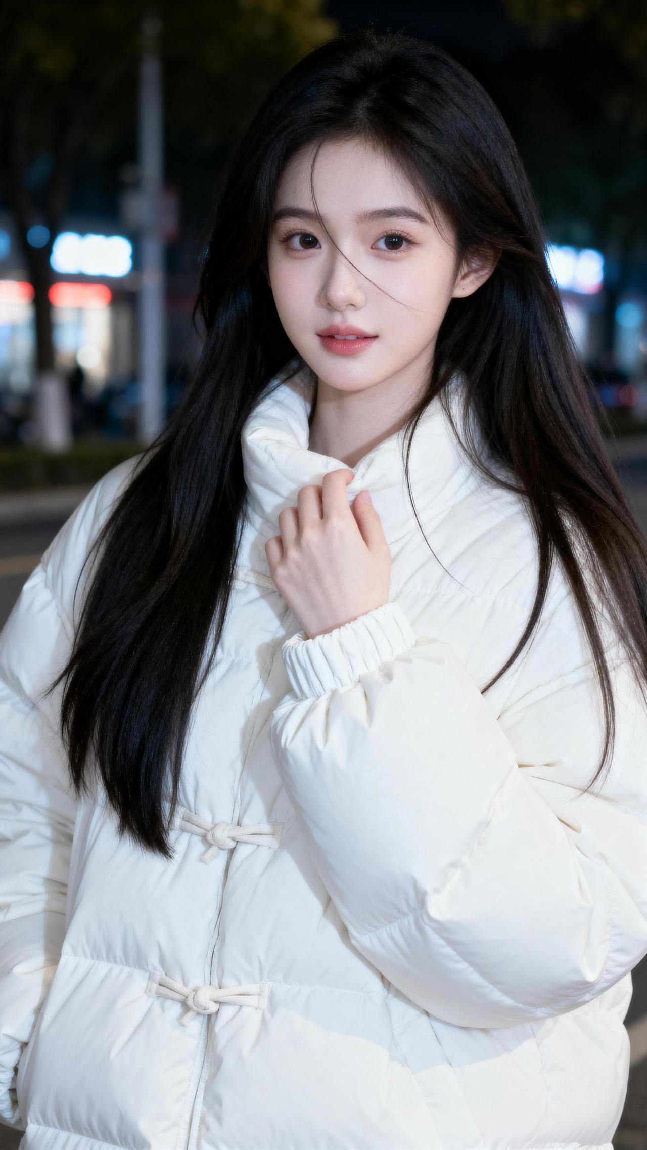 夜晚街头的温柔少女，白色羽绒服搭配黑色长发，温暖而迷人。韩版白色羽绒服 温柔风羽