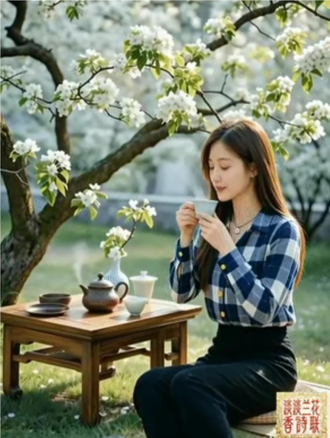 一树梨花开满枝，
幽香四溢意如丝。
春风漫卷千般绪，
清茶一杯解相思。