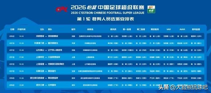 揭幕战山东泰山对阵辽宁铁人裁判公布！主裁判：张雷（天津），第一助理：胡成军（内蒙