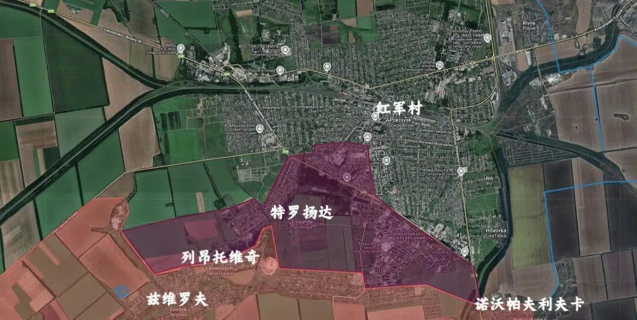 俄军在红军城攻击区域（紫色区域），表明俄军突击队抵达市中心。乌军如果还不向红军城