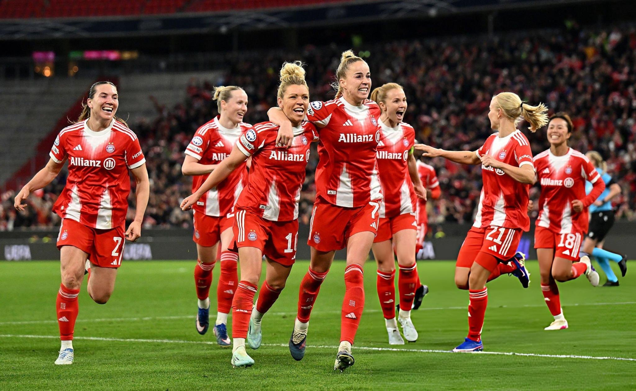 孔帕尼和他的教练组，以及赫内斯、埃贝尔和弗罗因德等人，支持拜仁女队对阵曼联的女子