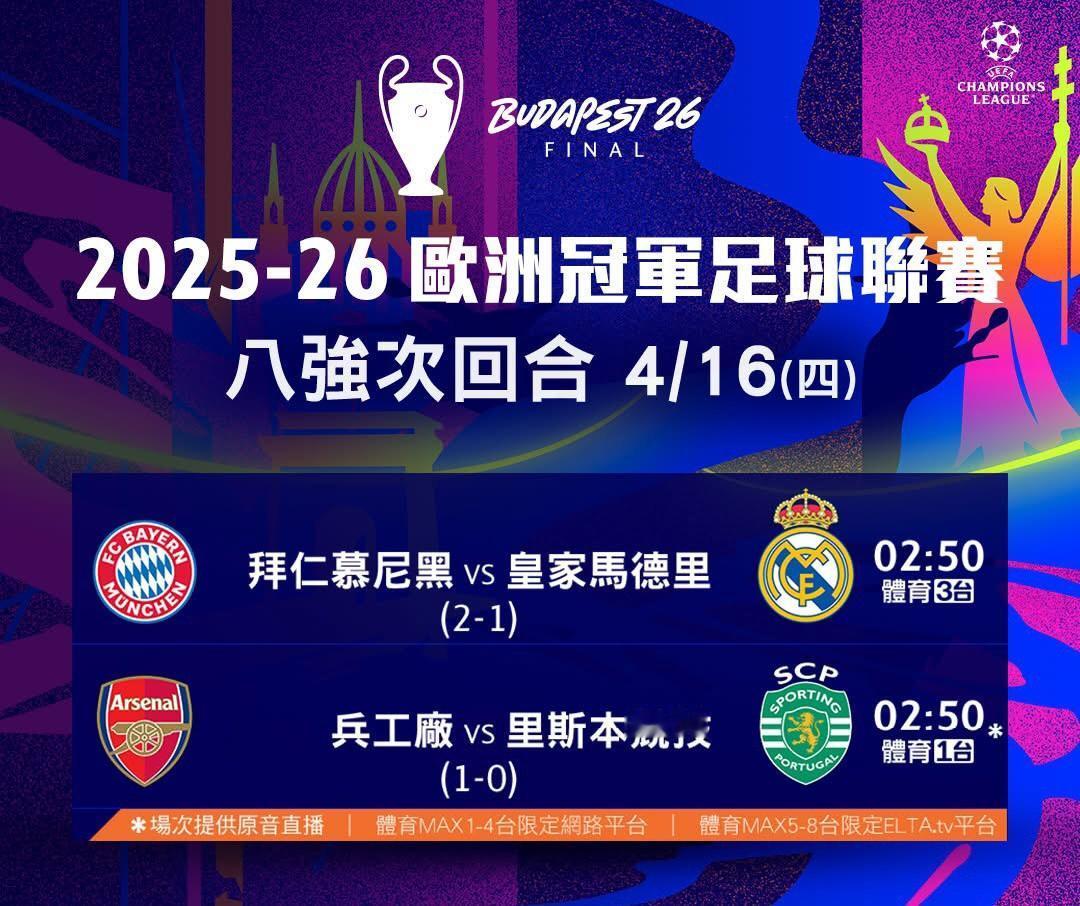 八强次回合
，最后两张四强门票会由谁夺得？

拜仁慕尼黑v皇家马德里 (首回合2