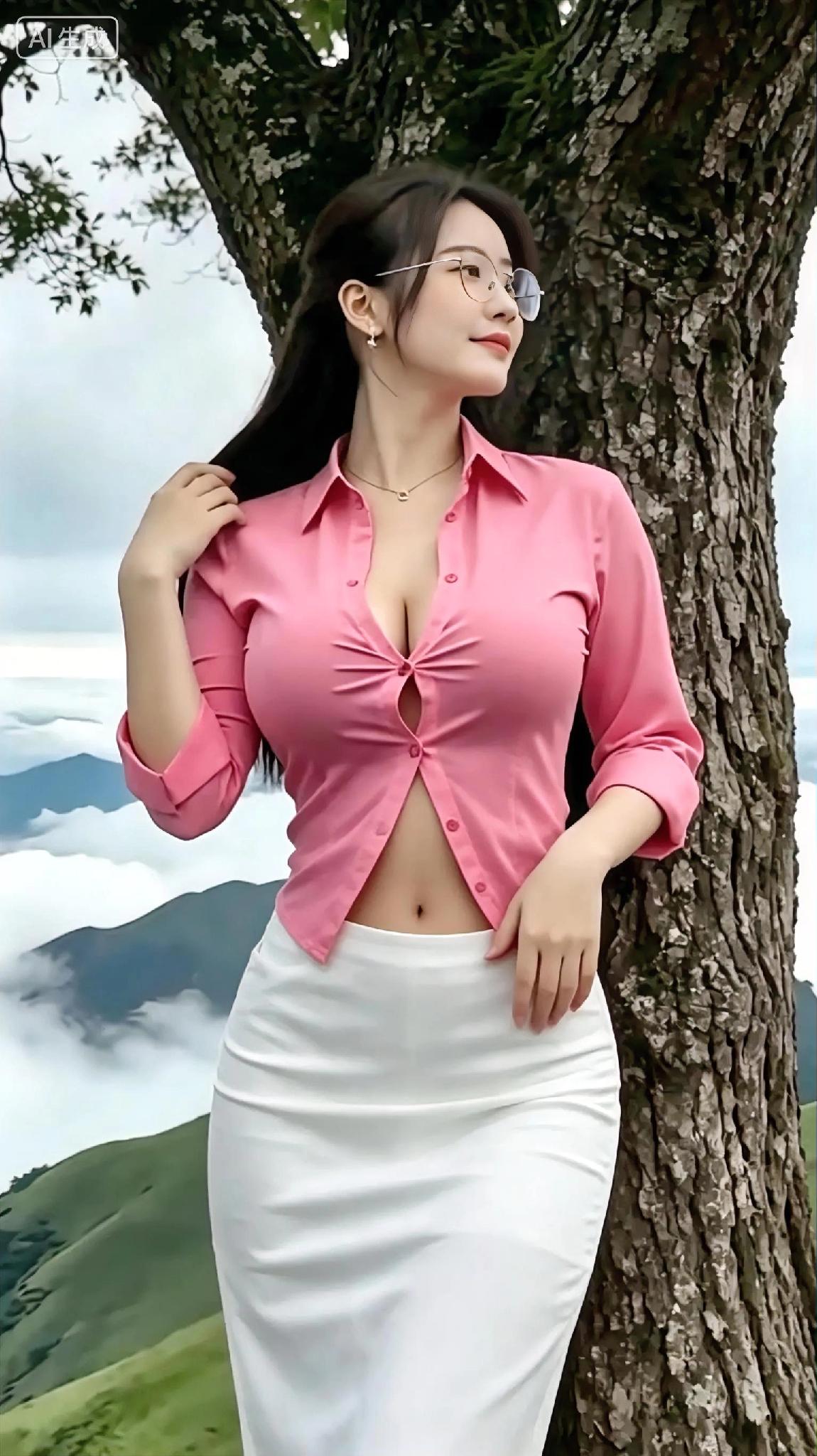 粉衫映山色，绿意满心间。