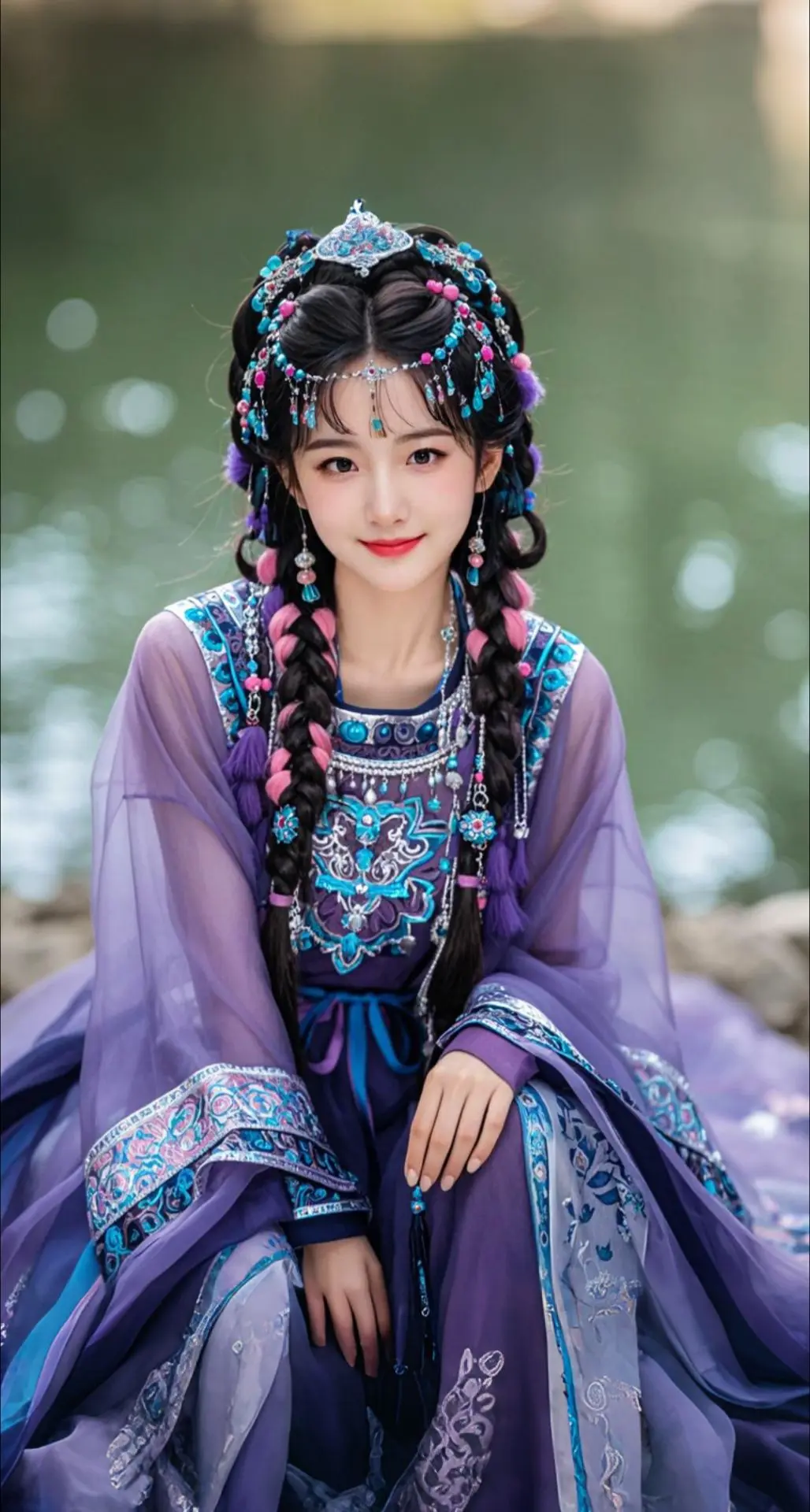 AI扩图 AI粉辫紫纱美人