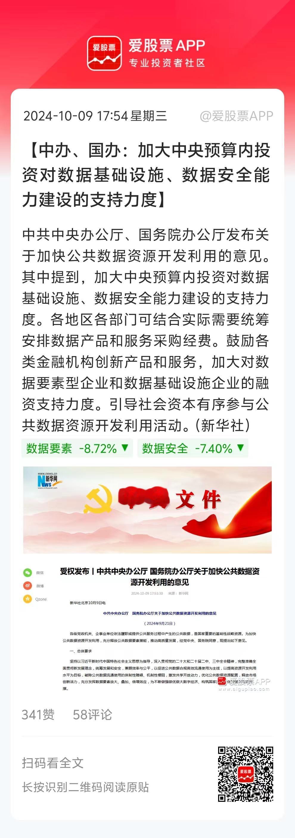 盘后最大的政策，是中办、国办印发的《关于加快公共数据资源开发利用的意见》！晚上还