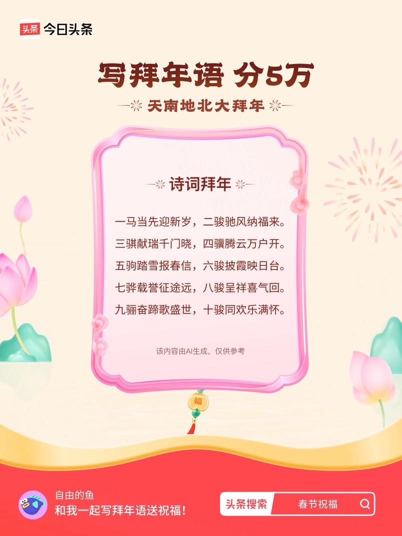 写拜年语送祝福新春拜年送祝福！我的祝福是：“一马当先迎新岁，二骏驰风纳福来。三骐