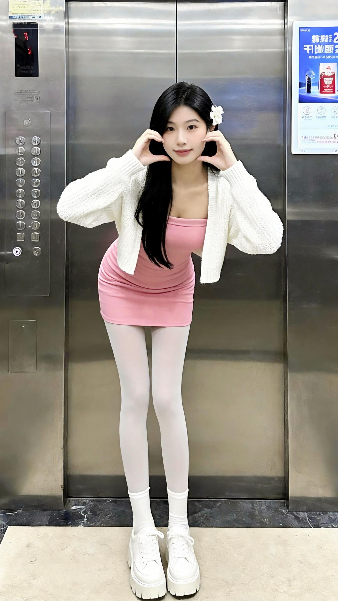 粉裙裹着软萌甜俏，白开衫一搭添了温柔松弛感～白丝衬得腿型更柔和，厚底鞋踩出少女元