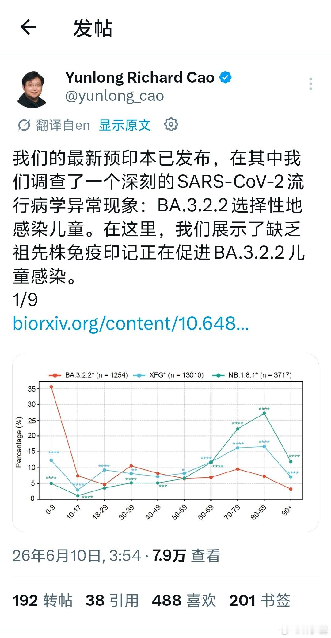曹云龙老师团队发布了最新的预印本，他们在研究中发现，新冠变异株BA.3.2.2（