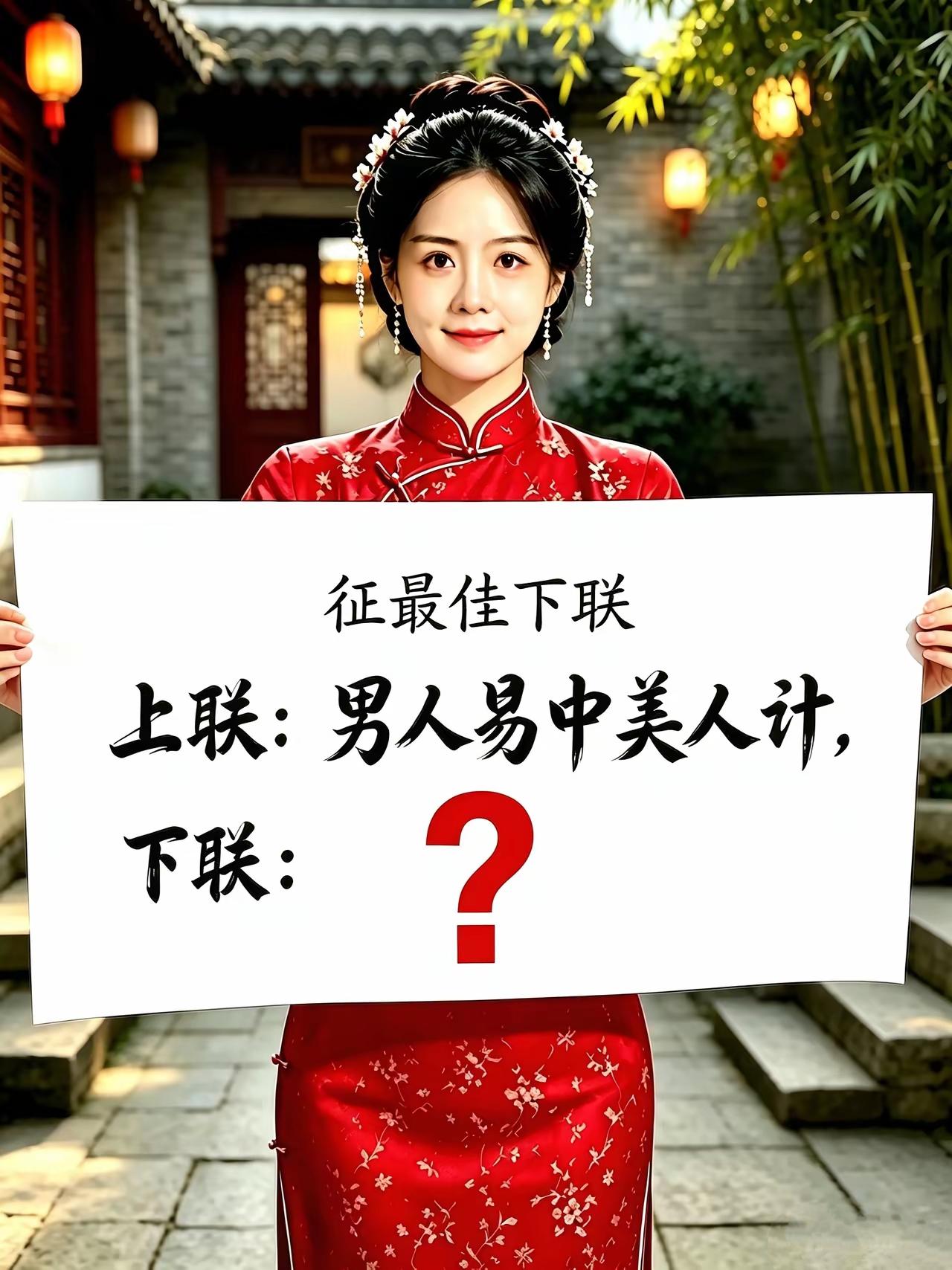美女写的对联难倒我了，绞尽脑汁想了一个多月也想不出，问过十个大学生也对不出，今日