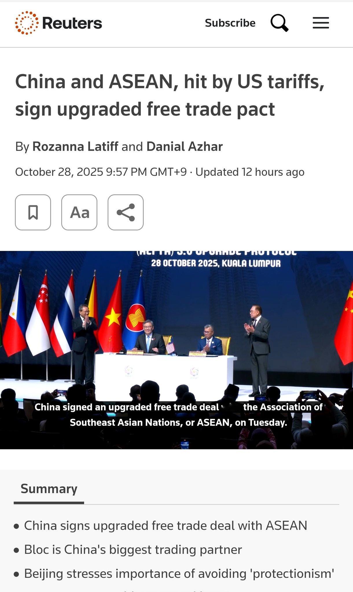 🔻极具象征意义的是：特朗普刚刚离开东盟峰会，东盟就和我们签订了自贸区3.0版升