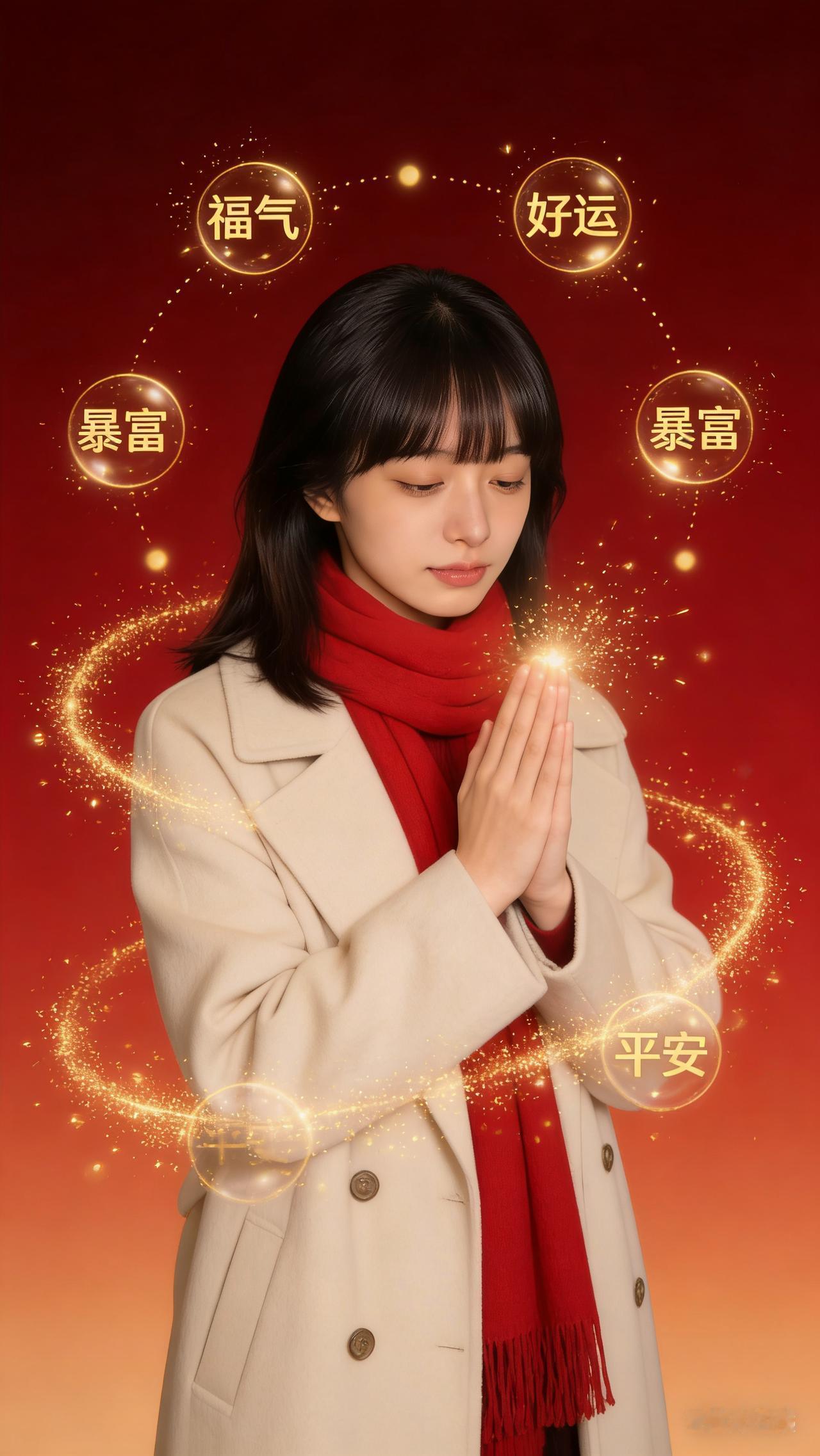 少女身着米色大衣、系红围巾，闭眼温柔许愿。深红渐变背景，金色“福气、好运、暴富、