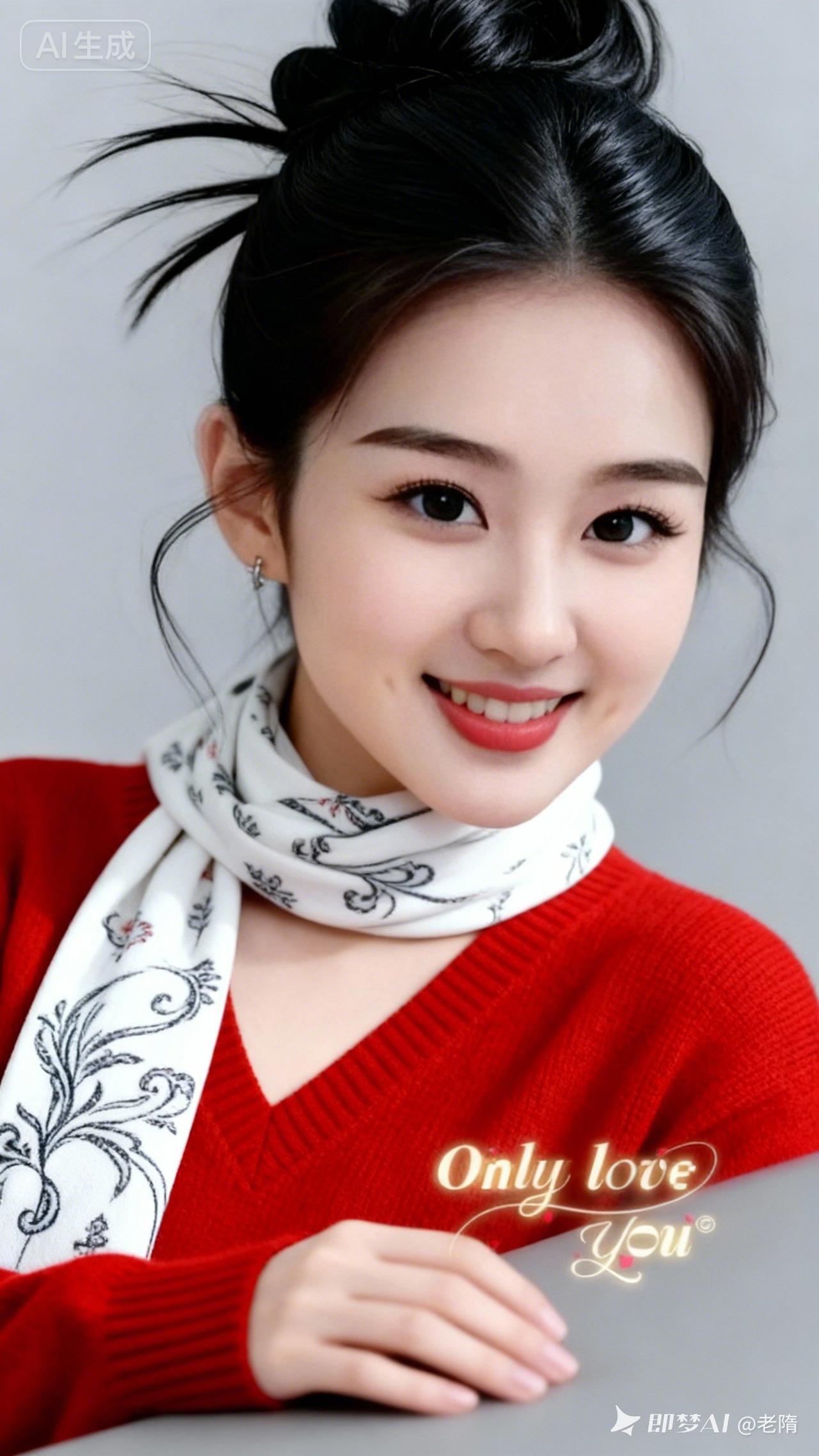 这女生穿着红色毛衣，笑容甜美。