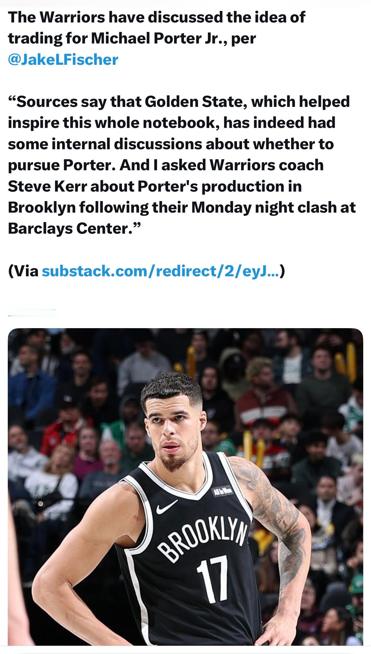 记者杰克鱼：“消息人士称，勇士确实在内部讨论过是否追逐波特。在他们周一晚于巴克莱