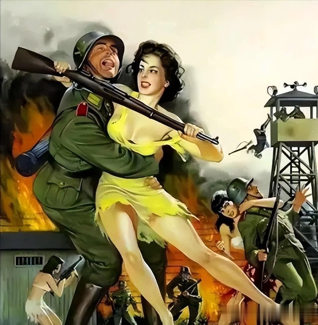 这是二战时期的美军征兵海报，画面中穿着暴露、性感的美女们所向无敌，将傻乎乎的的军