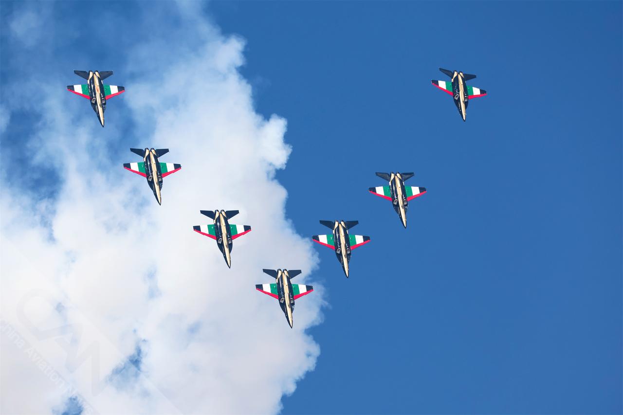 2025年迪拜航展开幕前夕，阿联酋空军“骑士”特技飞行表演队驾驶L-15高级教练