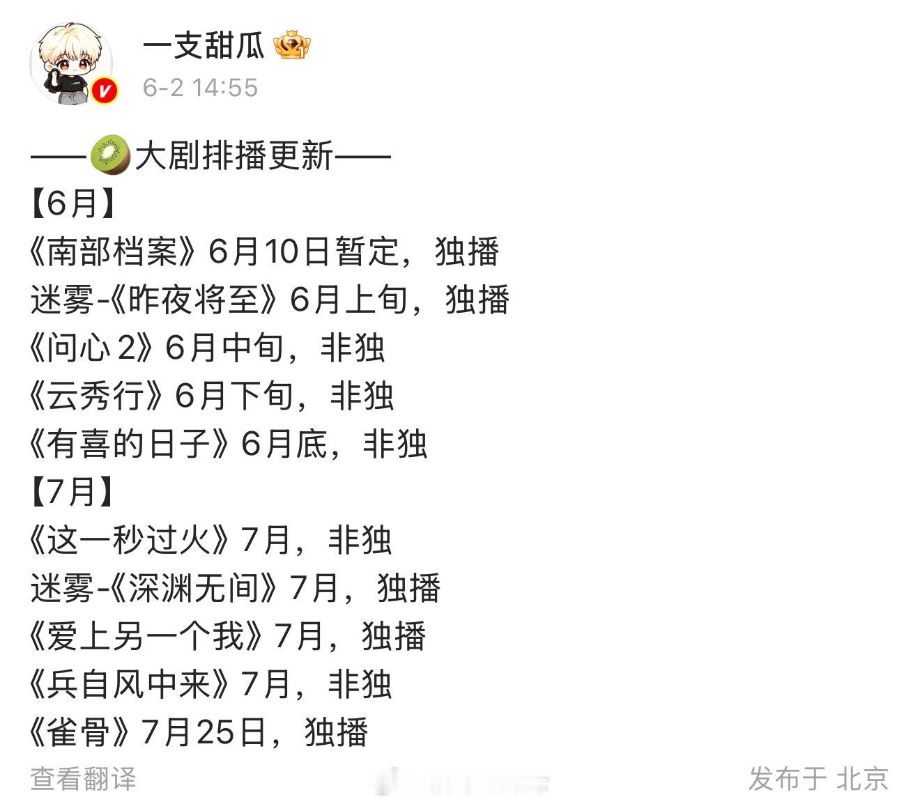——🥝大剧排播更新——【6月】《南部档案》6月10日暂定，独播迷雾-《昨夜将至