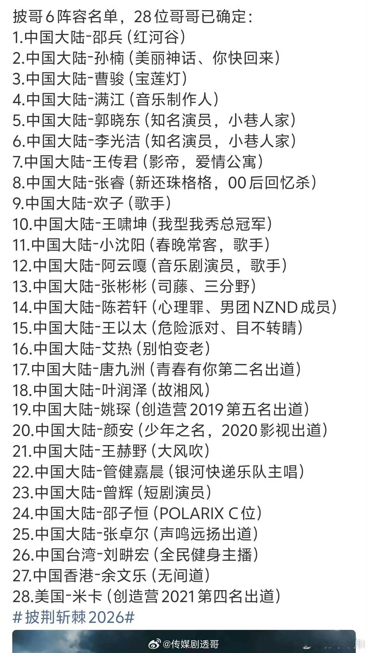 披荆斩棘2026确定名单《披荆斩棘2026》正式官宣播出时间，8月9日超前企划上