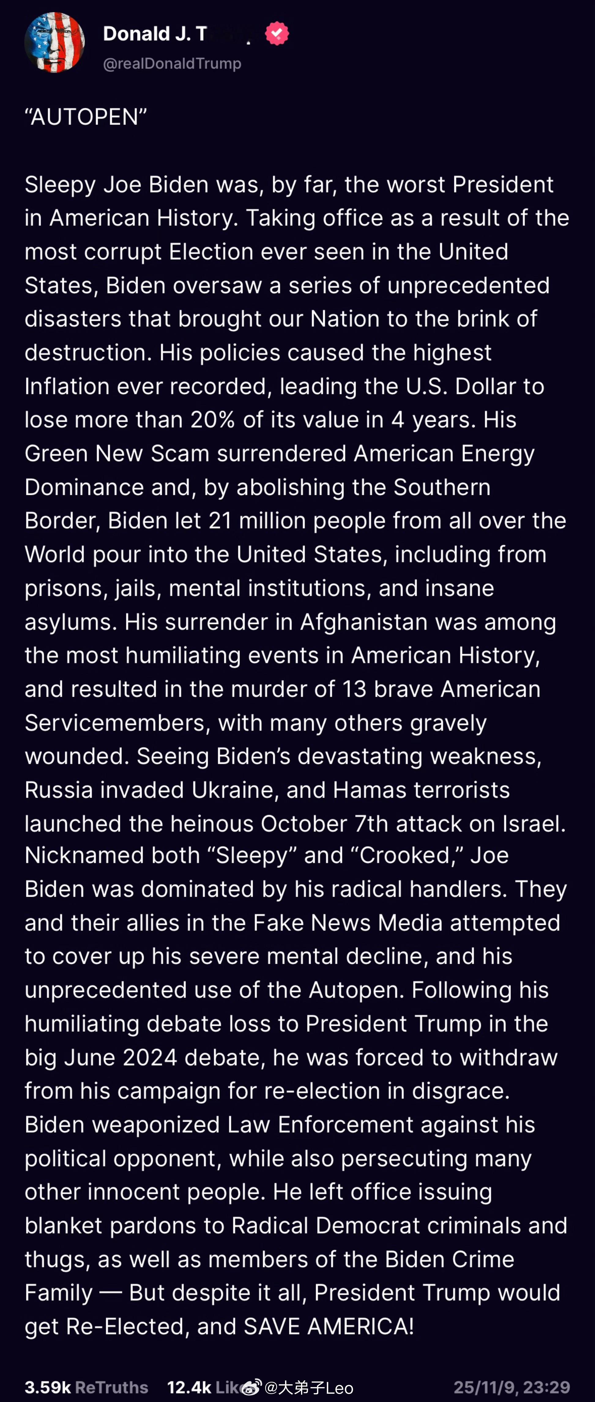 特朗普再次对拜登发表一段长篇严厉抨击特朗普称政府停摆接近结束 ​​​