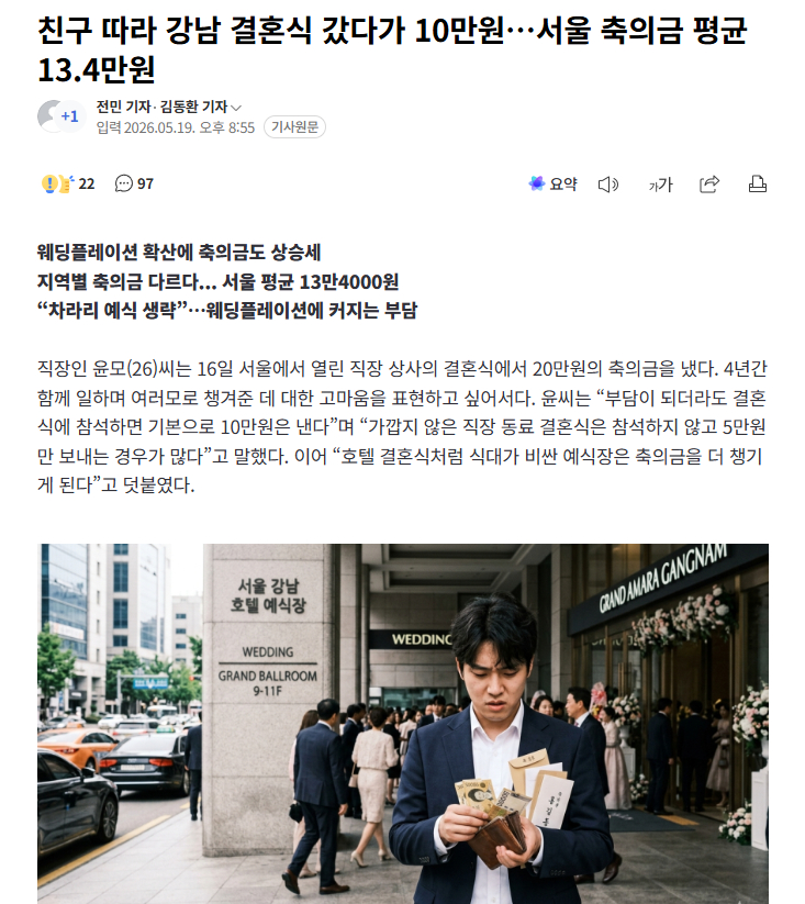 【韩国"婚礼通胀"加剧，宾客礼金负担增大：首尔人平均礼金已超13万】海外新鲜事热