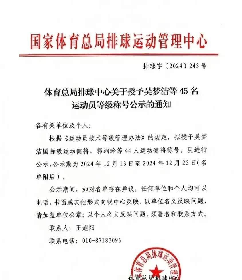 江苏女排的吴梦洁被授予国际级运动健将，真是令人振奋的消息。
然而，看到公示名单中