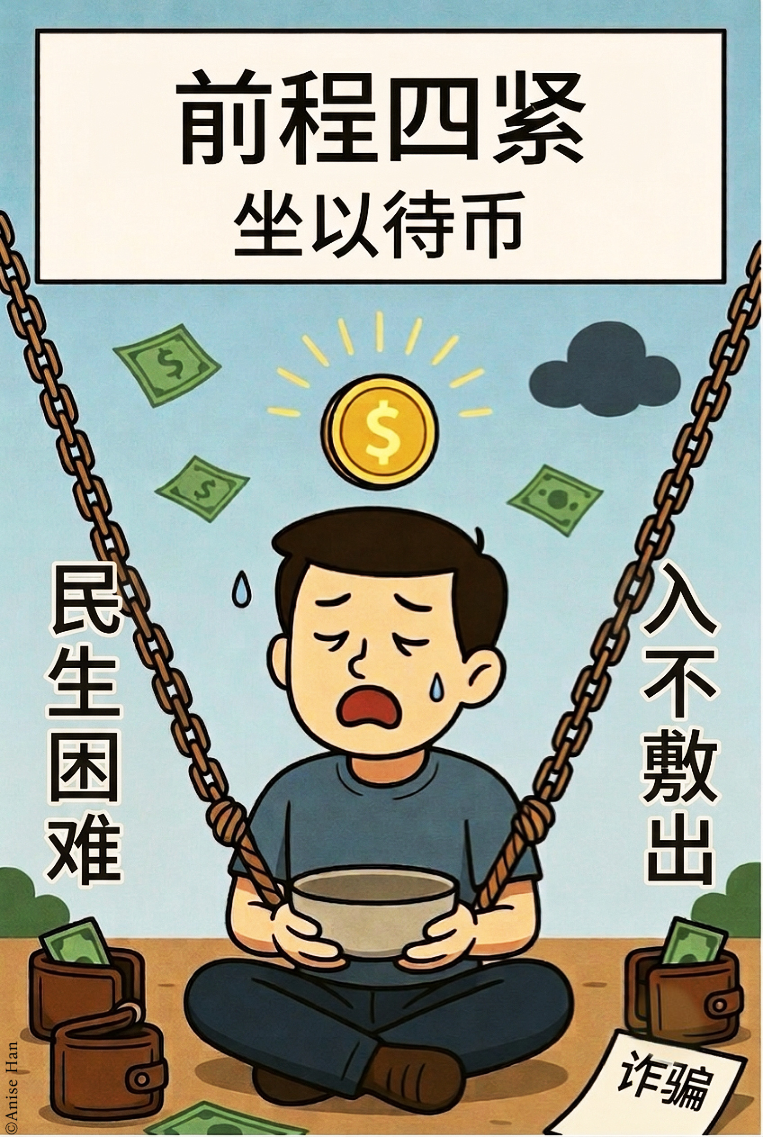 讽刺漫画 前程四紧坐以待币中华文字太高明了 