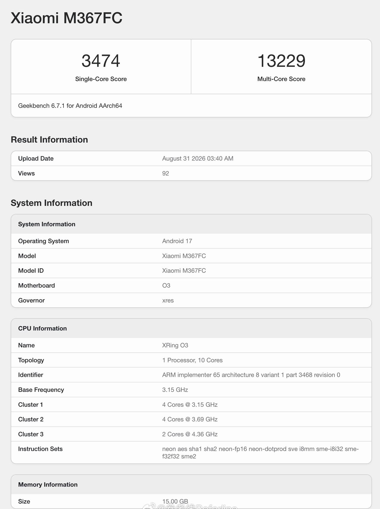 ​小米平板 9 Pro Max 的 Geekbench 6 跑分出炉，型号 M3