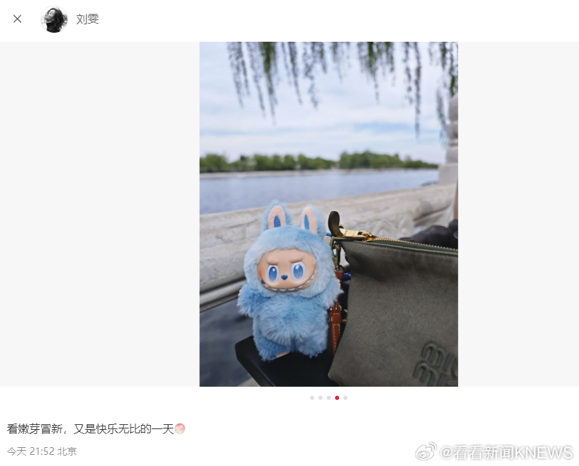 【原来#刘雯也爱Labubu#】5月9日，中国模特在社交平台发文“看嫩芽冒新，又