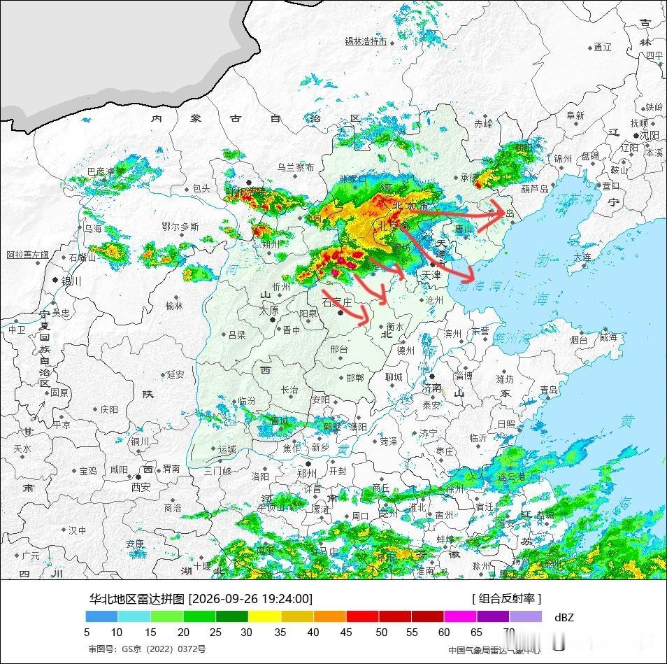 【京津冀强对流】从当前雷达图上看，有一条强对流降水带正自西向东移动略有南压，锋前