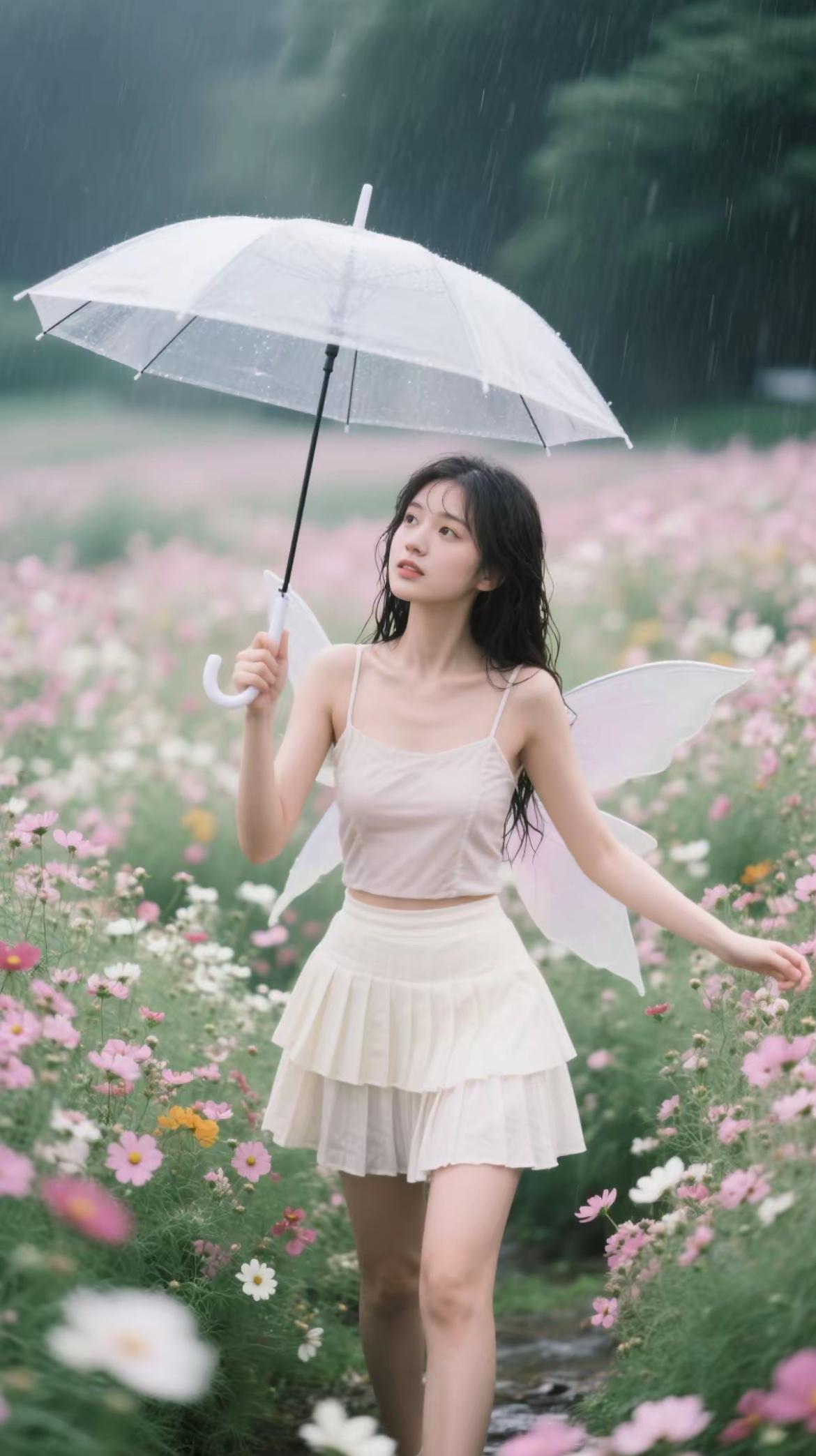 雨中漫步，花海漫步，伞下少女，微笑如花。晴天下的花海 春天雨中风景