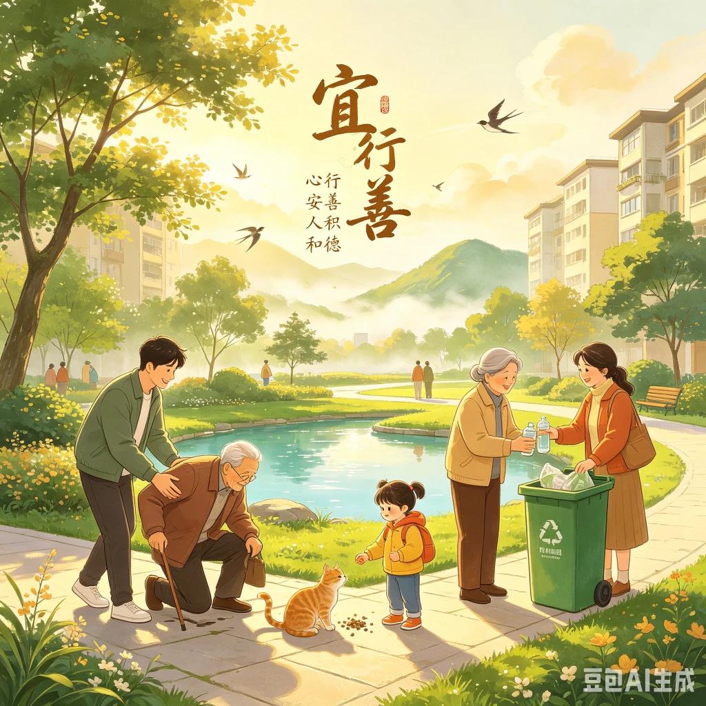 抽签得「宜行善」：人这一生，最大的福报，不过心存善念
 
今日抽签，得四字吉语：