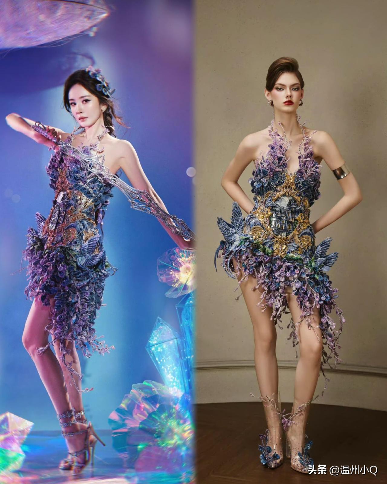 杨幂繁花仙裙美爆了，比模特穿得都好看。虽然鞋子没有模特的仙，但丝毫不影响整体效果