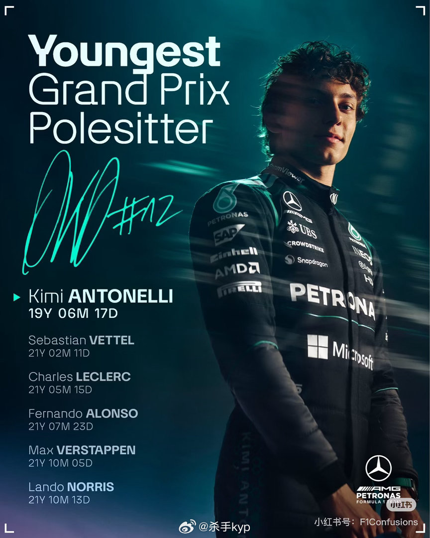 2026 F1 周六上海梅赛德斯车队车手安东内利以1:32.064夺得杆位（刷新