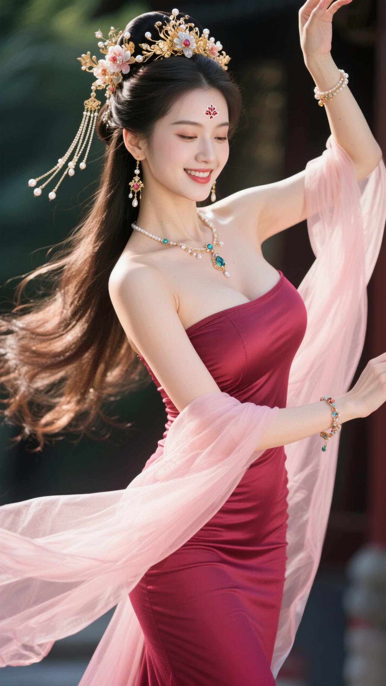 鹧鸪天·舞袖生风
 
罗袂生香趁晓光，红绡轻曳玉波长。金簪暗坠玲珑露，粉袂斜飞婉