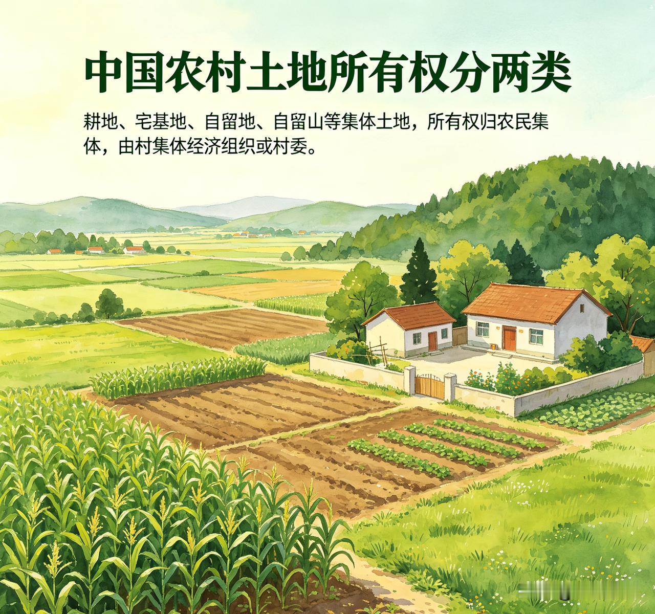 我国农村土地所有权分两类：
 
1. 耕地、宅基地、自留地、自留山等集体土地，所