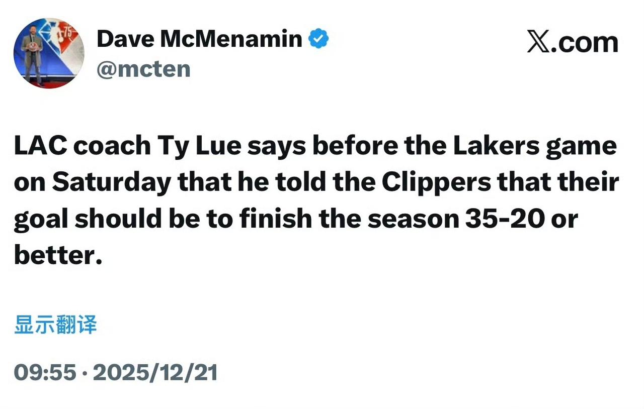 泰伦·卢赛前表示，他告诉快船球员，目标应该是接下来的赛程以35胜20负或更好的战