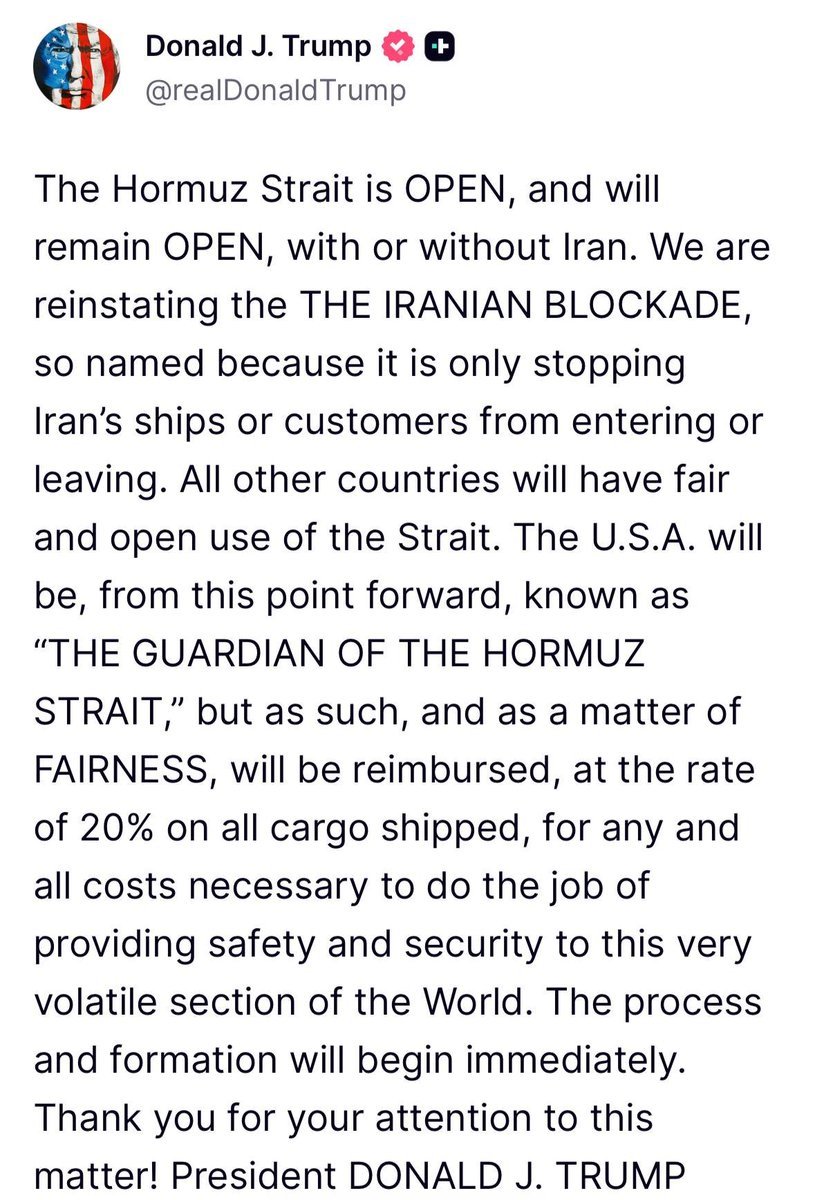 🐖 美国对伊朗的海上军事封锁将被恢复。美国将对所有船只收取20%的费用，以换取