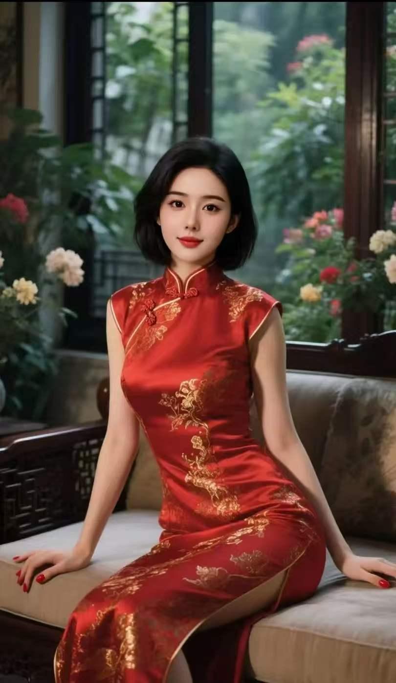 山坡羊·红妆雅韵
朱旗裁裳，
金纹描样，
云鬟黛色梅唇酿。
影随芳，韵流香。
阶