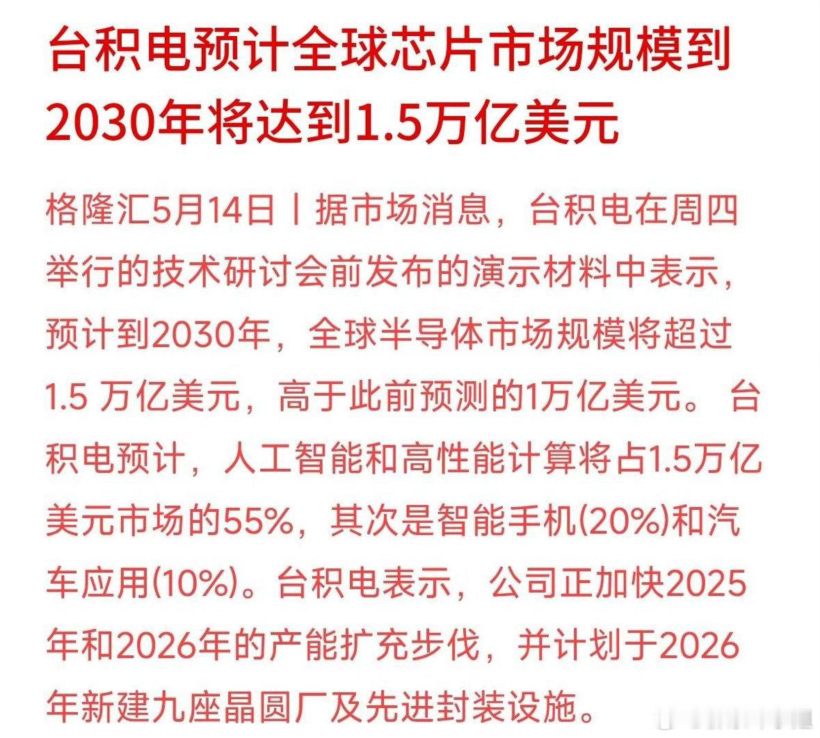 最新消息，算力主线依旧强势，台积电台积电上调预期：2030年全球半导体市场将达1