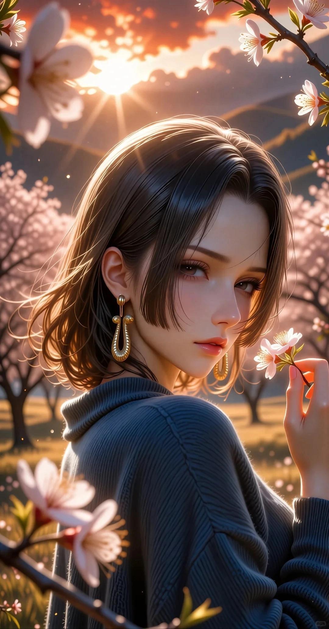 冬日生活打卡季 樱花树下，少女轻抚花瓣，唯美如画。