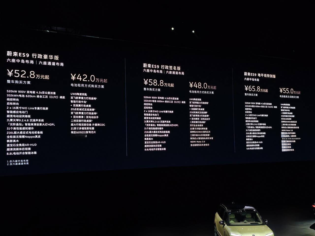 蔚来ES9开启预售了，三个版本，电池买断为52.8万起，BaaS租电方案则为42