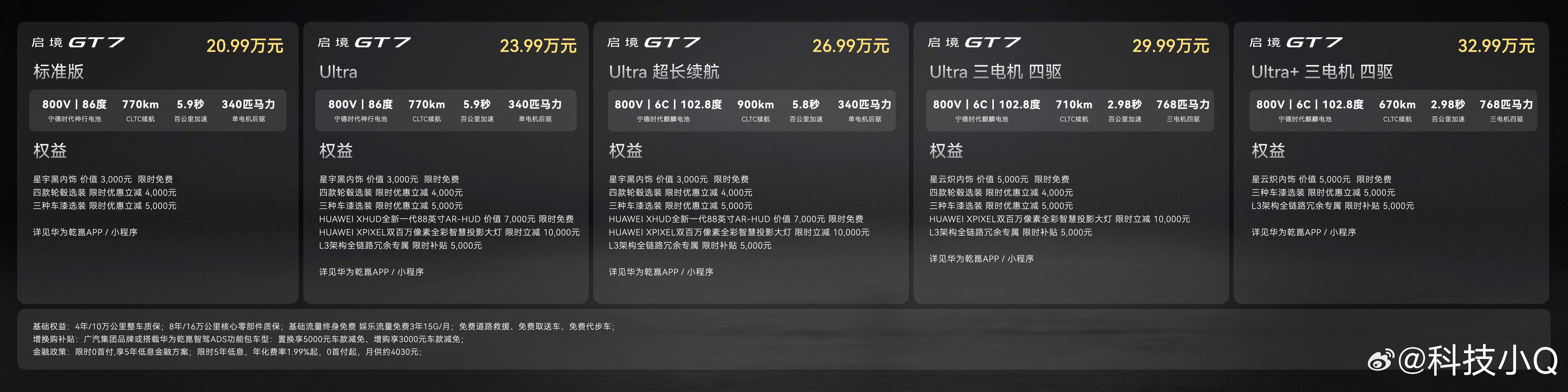 价格来啦启境GT7正式上市一共五个版本，标准版、Ultra版、Ultra超长续航